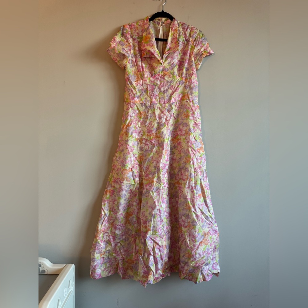 Vintage 70s Handmade Vibrant Floral Collared Maxi Fairy Short Sleeve Dress